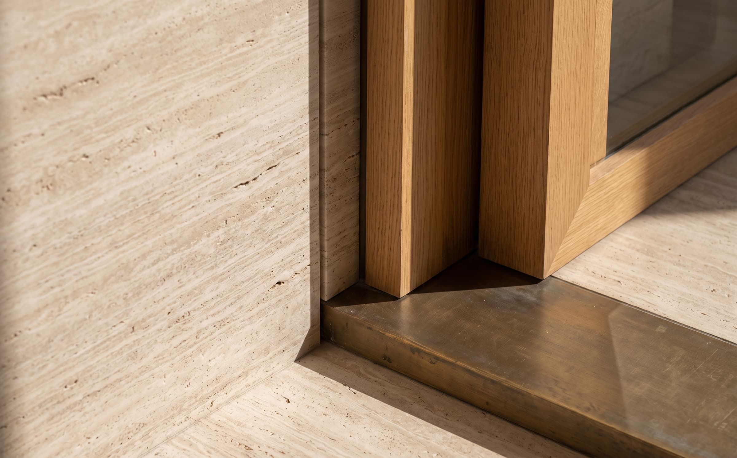 A travertine, oak and bronze junction inside Dune House