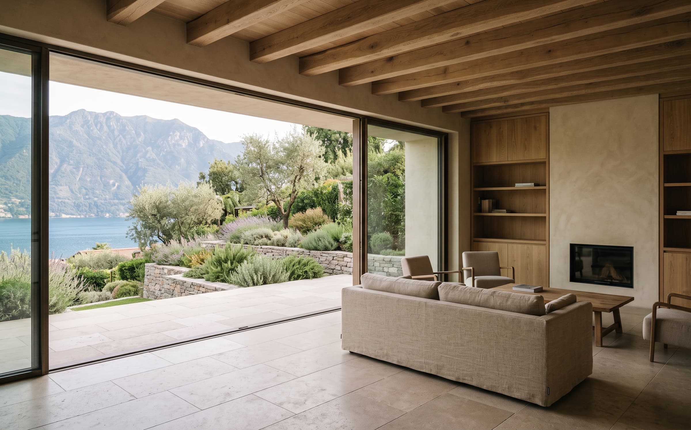 A warm contemporary Italian interior at Casa Lume, connected to the landscape