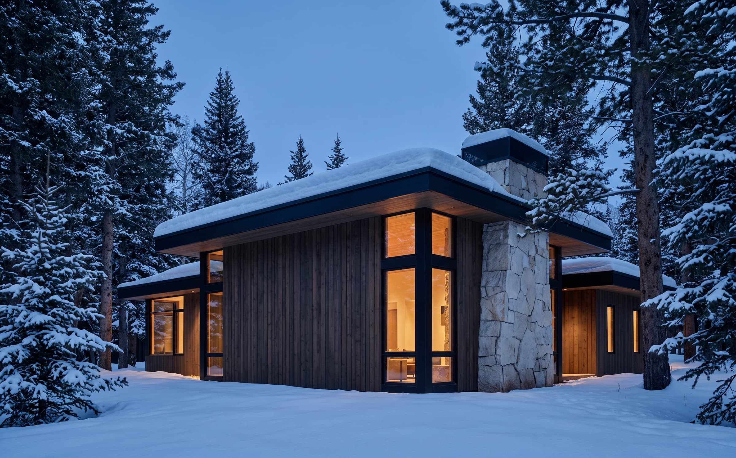 Alto House within a snowy pine forest in Aspen, Colorado