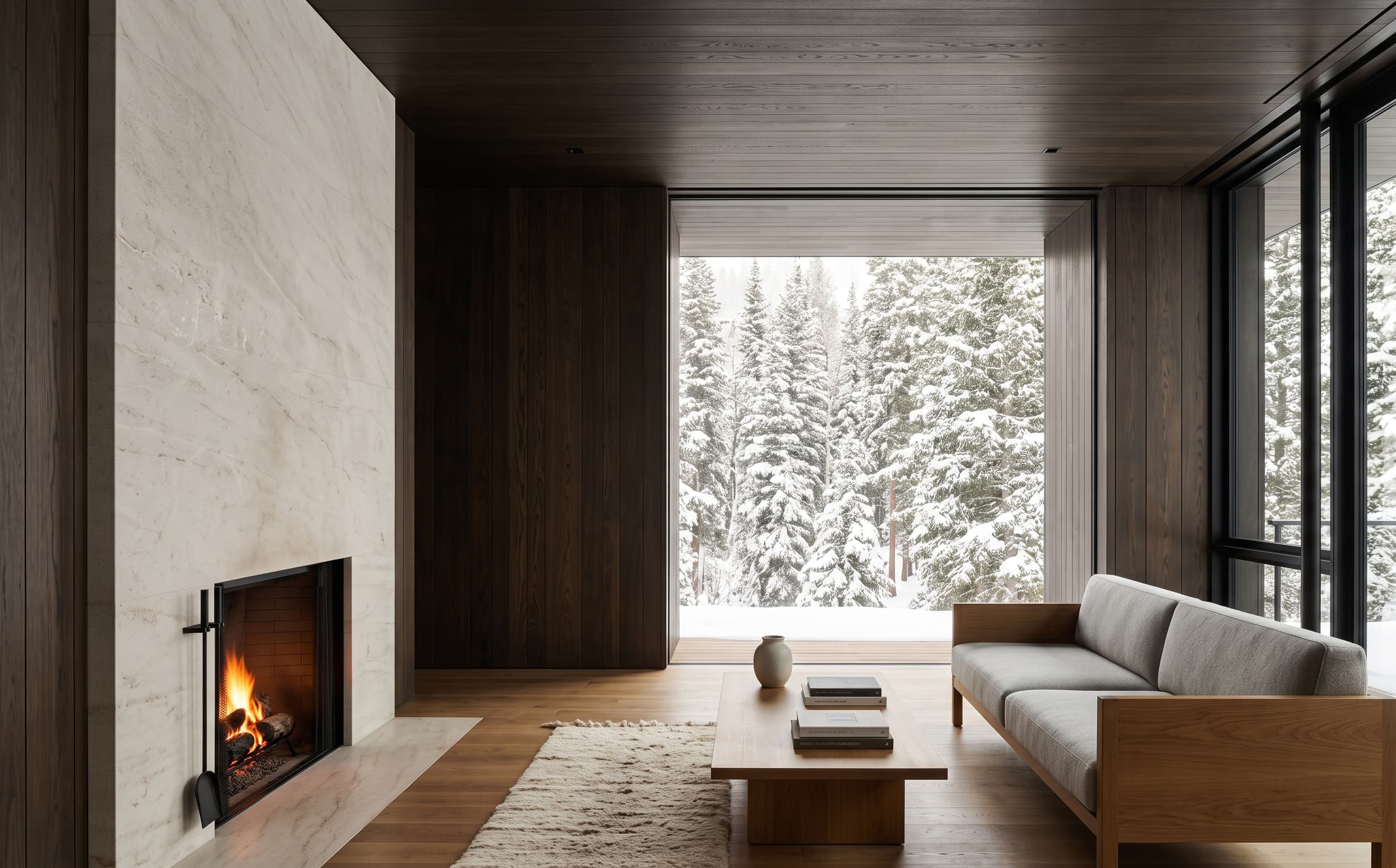 The living room of Alto House, framing the forest with a stone fireplace