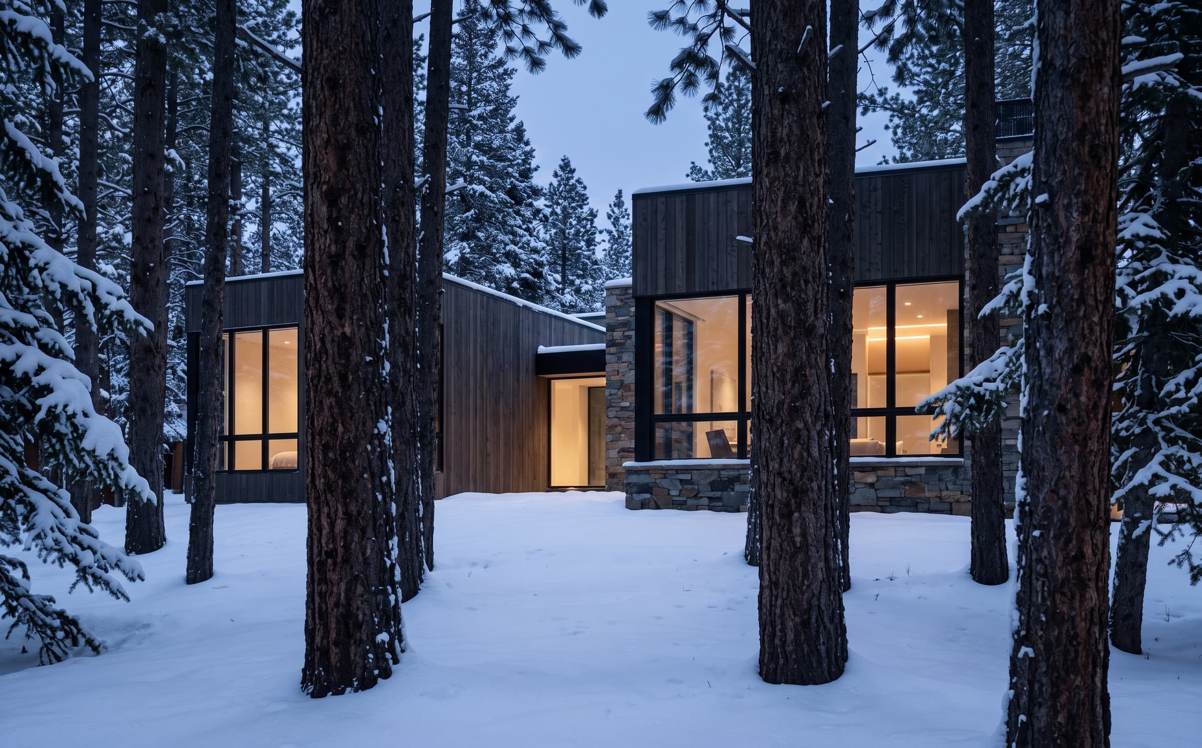 Alto House seen through pine trees at blue hour, in dark timber and pale stone