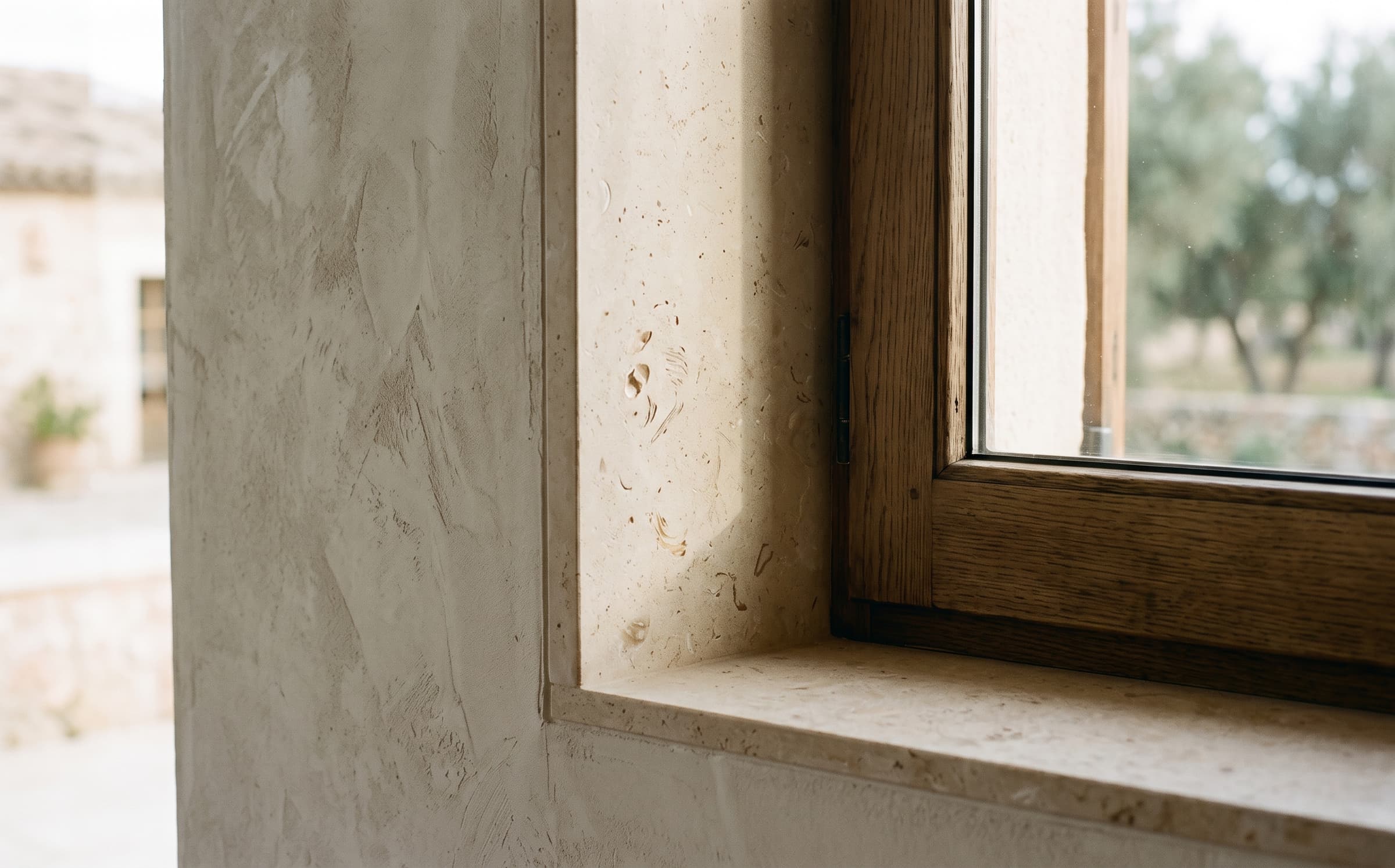 A limestone, plaster and oak junction inside Marea House