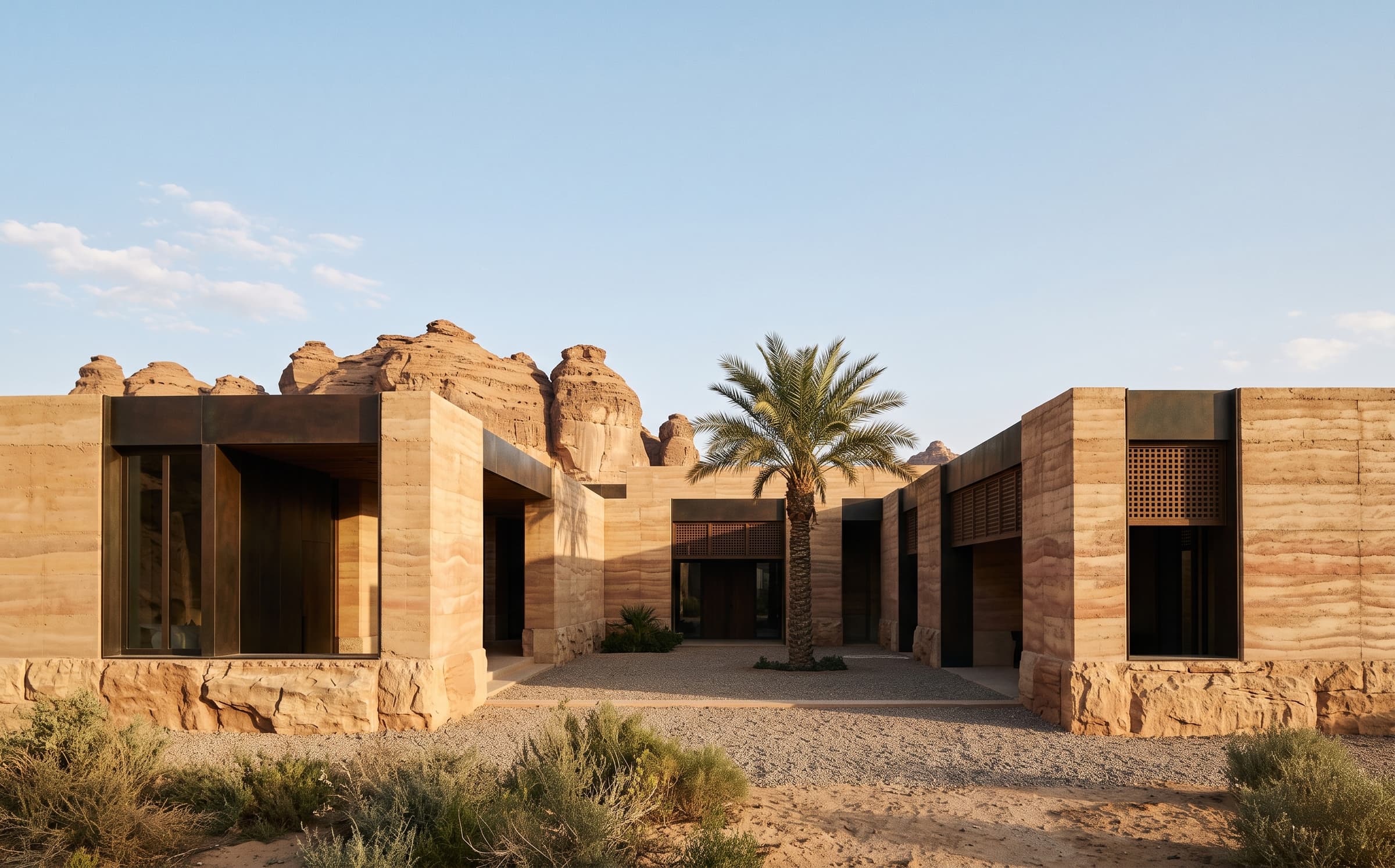 The low architectural volumes of Noor Retreat integrated into the desert terrain of AlUla