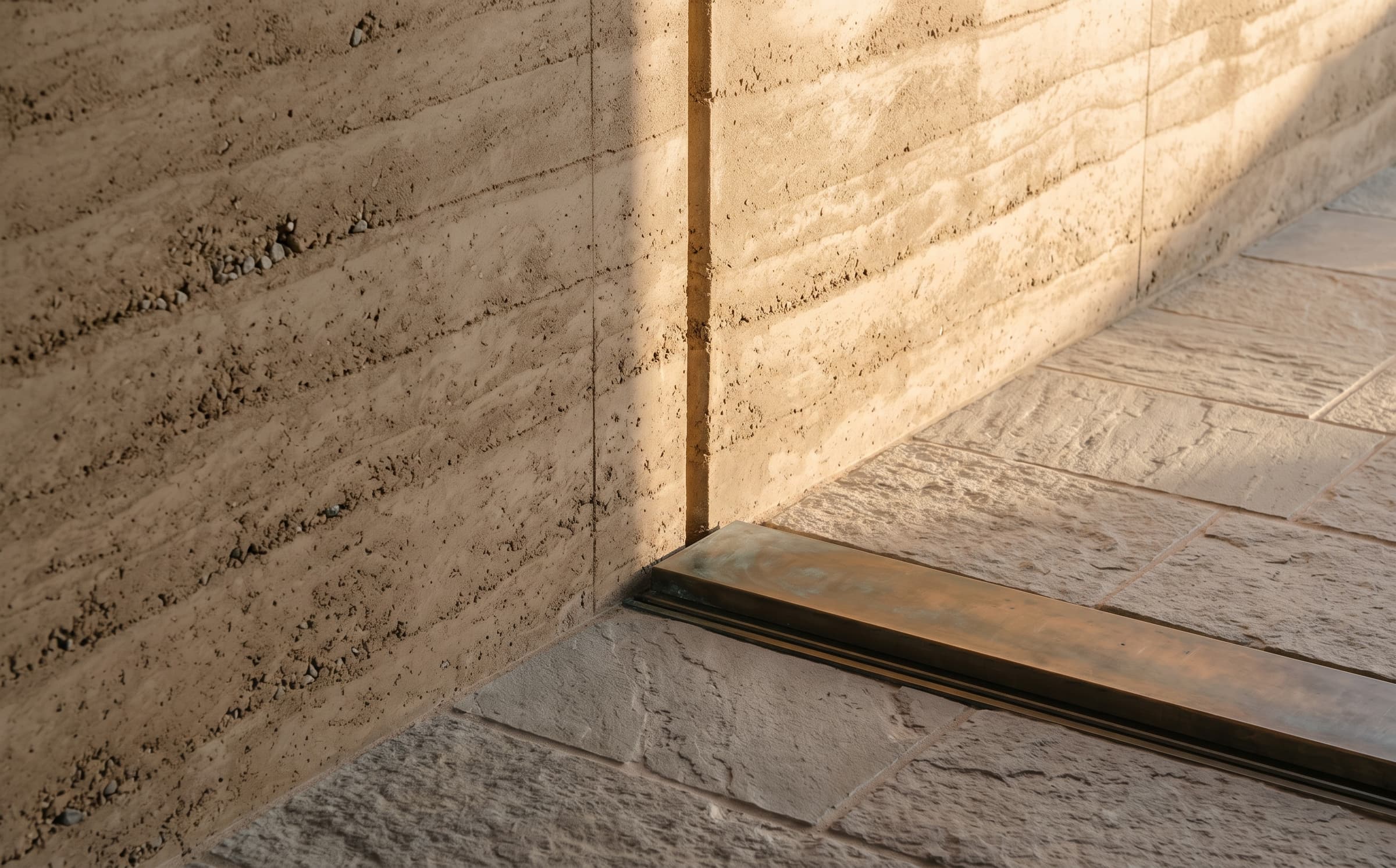 A rammed earth, stone and bronze junction at Noor Retreat