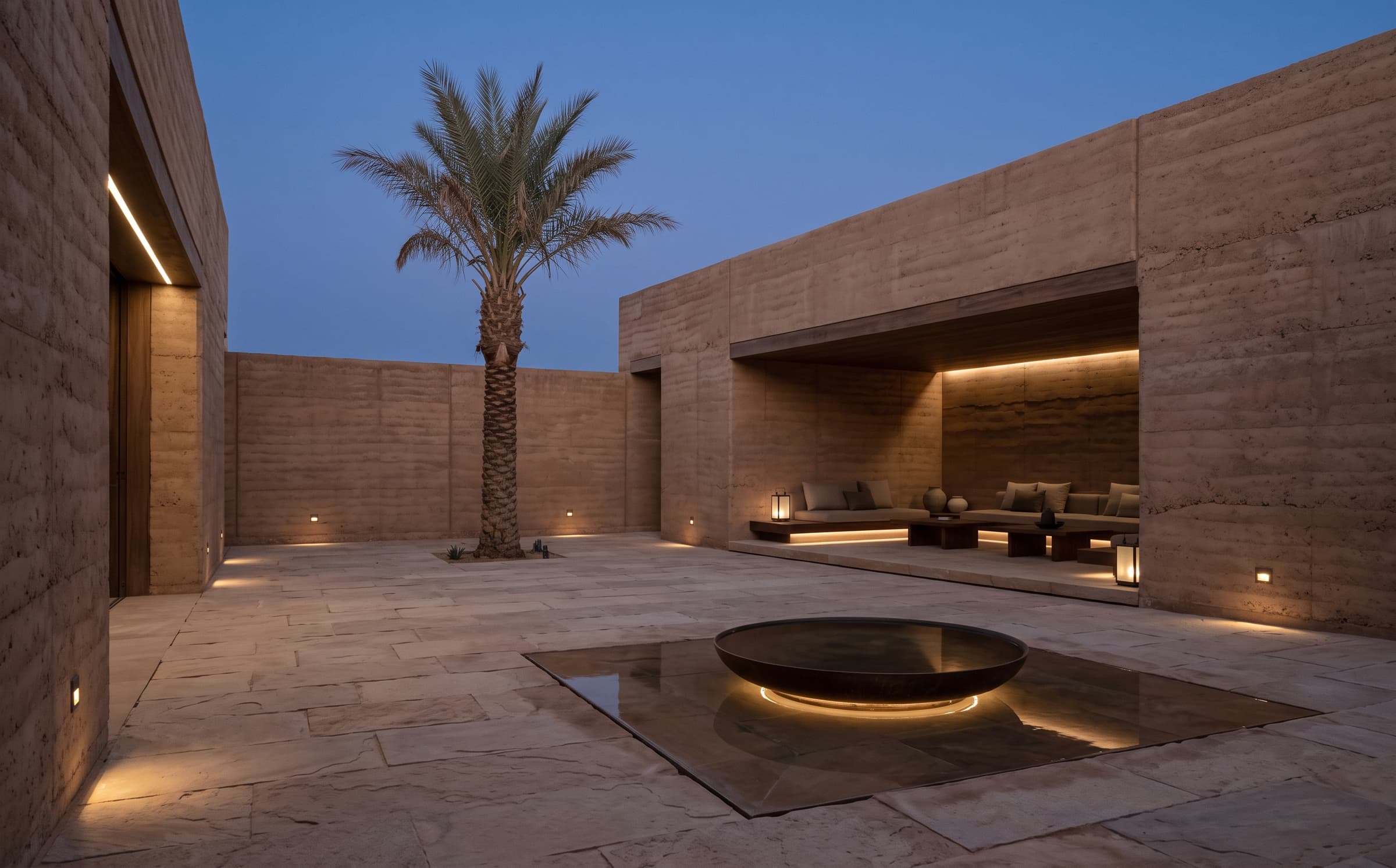 The private courtyard of Noor Retreat in AlUla at dusk