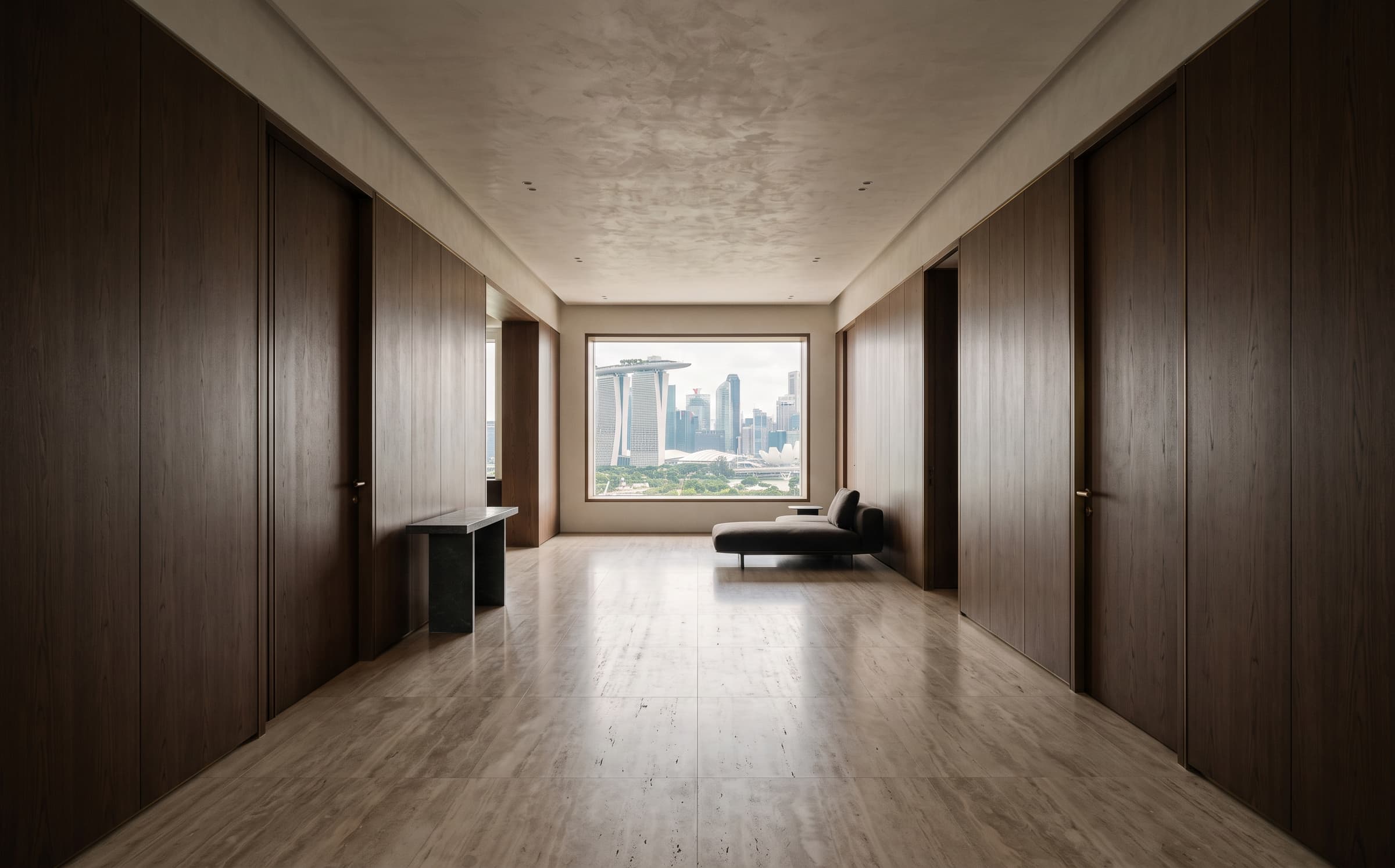 The long gallery-like living space of the Skyline Residence with controlled city views