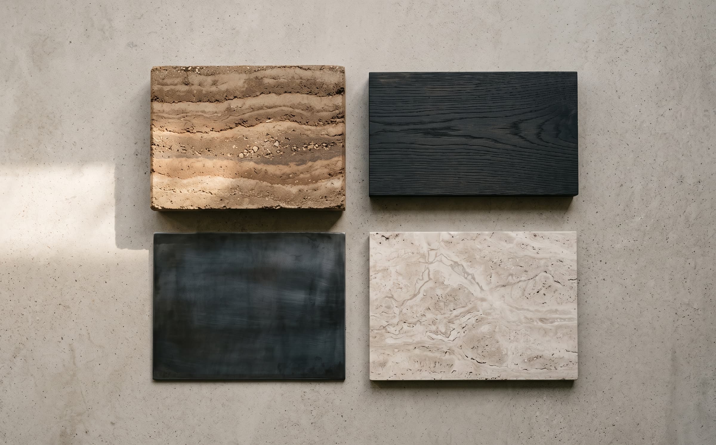 A material study of rammed earth, dark timber and blackened steel