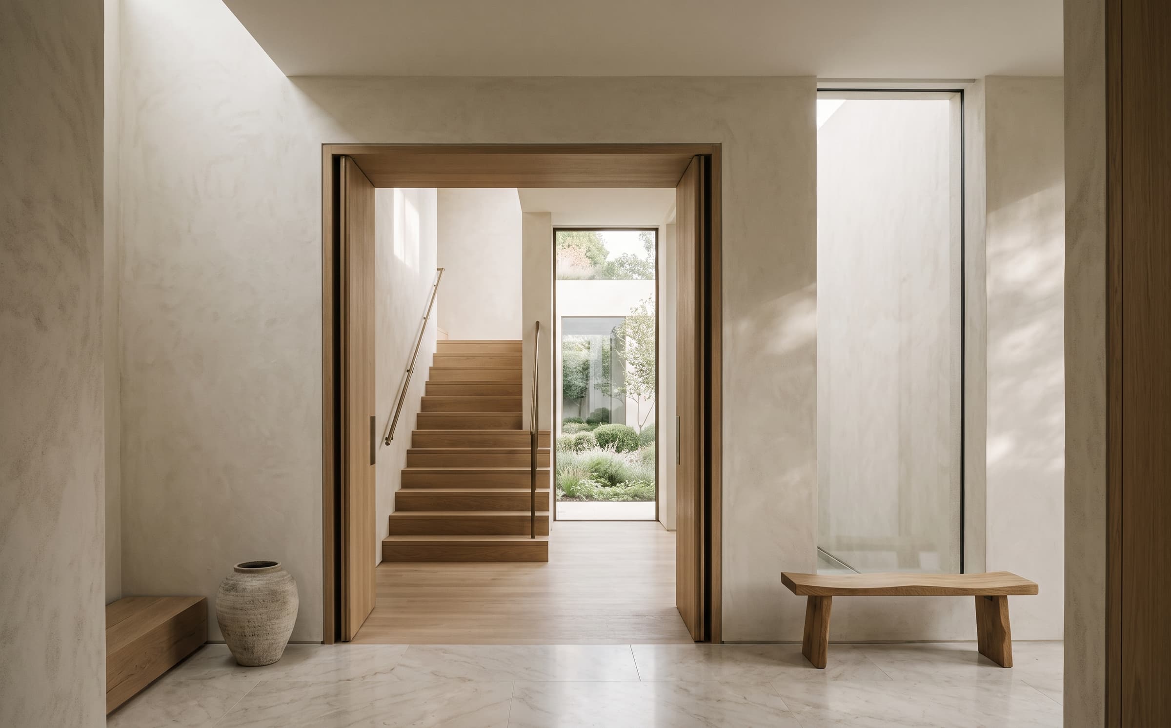 A sophisticated architectural interior in stone, oak and plaster