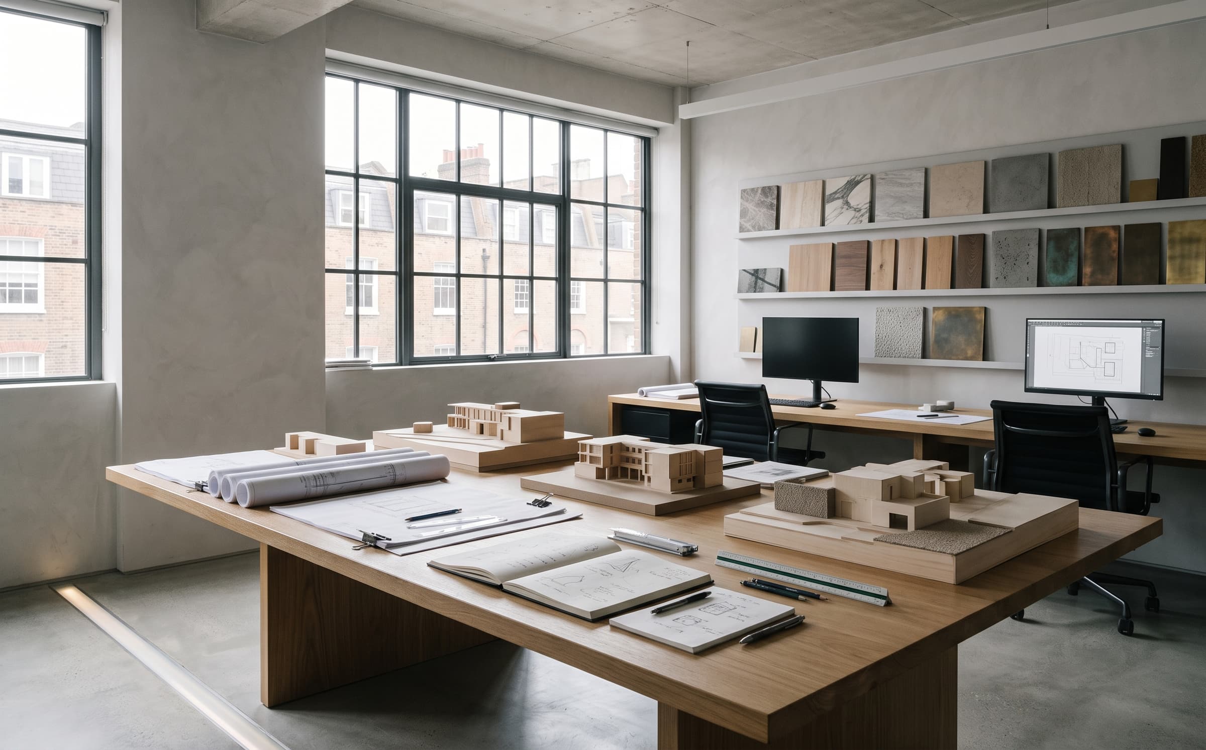 The Kingsley studio with drawings, models and material samples